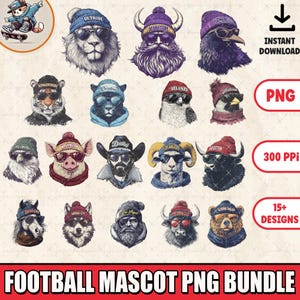 Vintage Mascot Football PNG Bundle: Sports Fan Apparel (Digital Download, 35 Files)