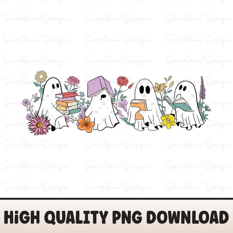May include: Four white ghosts with black eyes and mouths are holding books. The ghosts are surrounded by colorful flowers. The ghosts are wearing books on their heads.