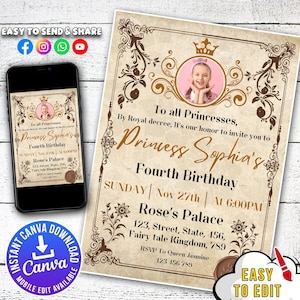 Vintage Princess Birthday Invitation Template, Princess Birthday party evite, Editable pink Princess party invitation template,Magical Evite