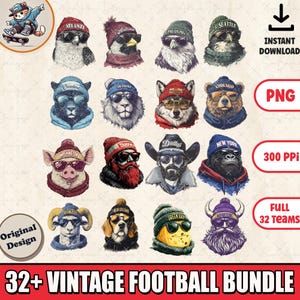 32チームのビンテージマスコットフットボールPNGバンドル：スポーツファンアパレルデジタルダウンロード、試合当日のPNG
