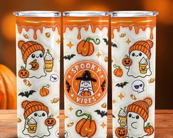 3D Orange Spooky Vibes Aufgeblasene Becherverpackung, Hauch Halloween-Geist PNG, 20 Unzen Becher Sublimationsdesign, sofortiger digitaler Download, 20 Unzen PNG