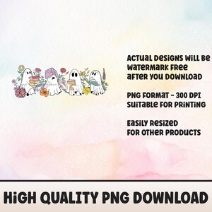 May include: Digital illustration of four white ghosts holding books and surrounded by flowers. The ghosts are wearing purple and pink hats. The image is suitable for printing.
