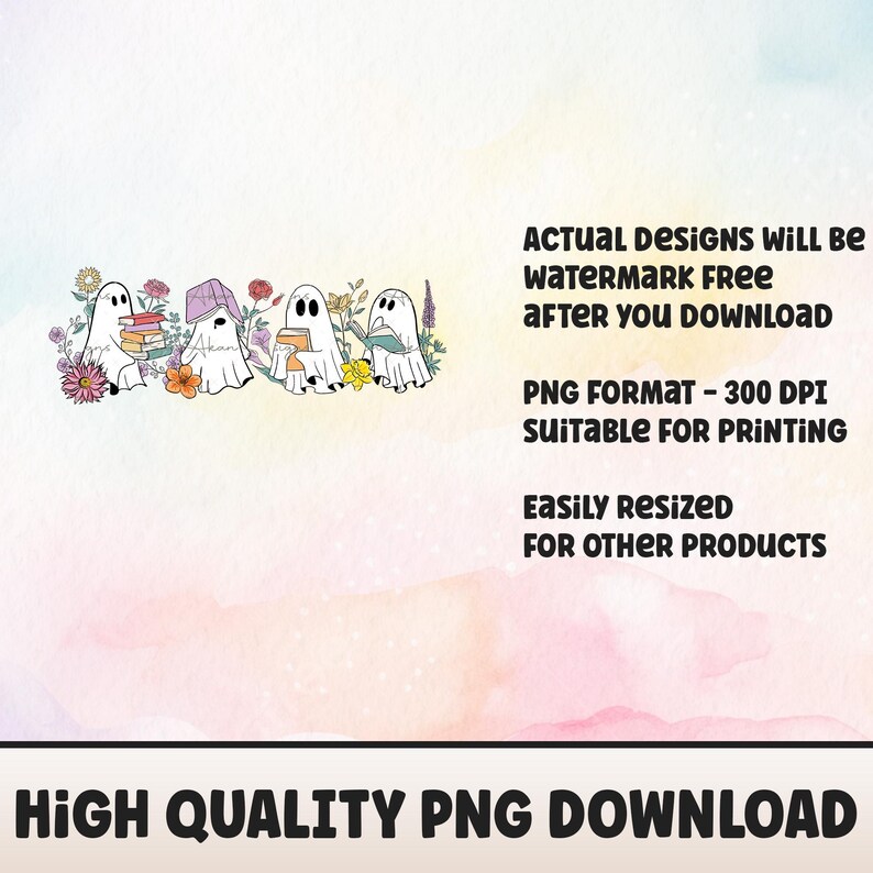 May include: Digital illustration of four white ghosts holding books and surrounded by flowers. The ghosts are wearing purple and pink hats. The image is suitable for printing.