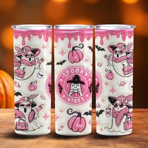 3D Pink Spooky Vibes Inflated Tumbler Wrap, Puff Halloween Ghost PNG, 20oz Tumbler Sublimation Design, Instant Digital Download, 20oz PNG