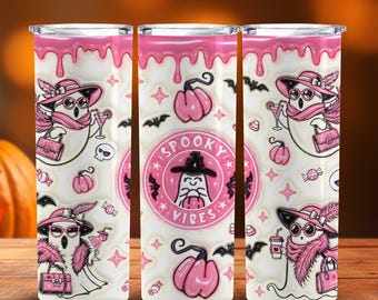 Tumbler rosa con fantasma spettrale, Halloween PNG (download digitale)