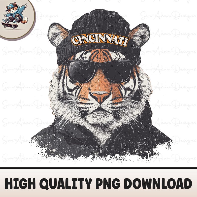 May include: A black and orange tiger wearing a black beanie with the word "CINCINNATI" in yellow letters and sunglasses. The tiger is wearing a black hoodie with a distressed look.