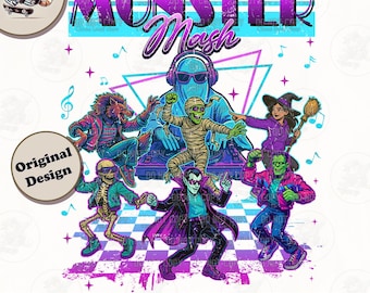 May include: A digital illustration with the text "MONSTER Mash" in purple and blue. The image features various monsters dancing around a DJ, including a werewolf, mummy, skeleton, vampire, witch, and Frankenstein's monster. The words "DIGITAL INSTANT DOWNLOAD" are at the bottom.