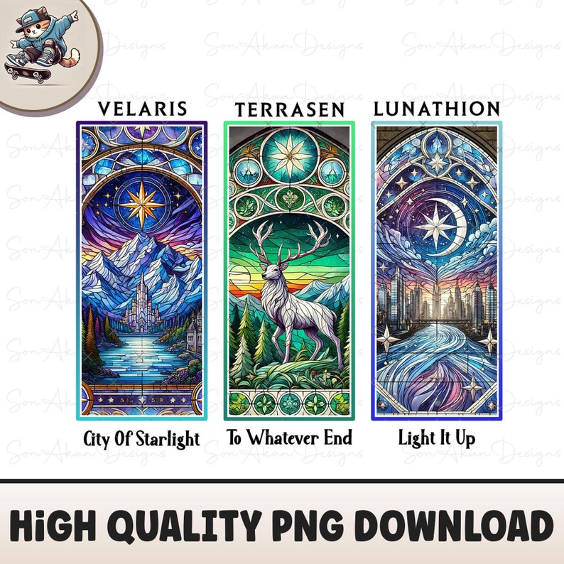 May include: Three stained glass window designs with a fantasy theme. The first design is a blue and purple night sky with a star, a castle, and mountains. The second design is a green and blue forest with a white deer. The third design is a blue and purple night sky with a crescent moon, a star, and a city skyline. The text below each design reads "City of Starlight", "To Whatever End", and "Light It Up".