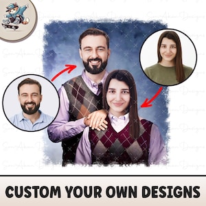 May include: A digital illustration of two people with their faces swapped. The people are wearing sweaters with a plaid pattern. The background is a blue watercolor wash.