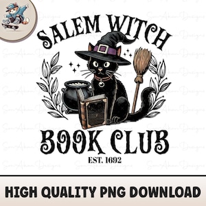 Salem Witch Book Club Black Cat PNG: Halloween Clipart (Digital Download)