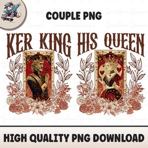 Camisa vintage a juego, Rey y Reina de Corazones, pareja de naipes PNG - Clipart de San Valentín para camisas y manualidades a juego, descarga instantánea