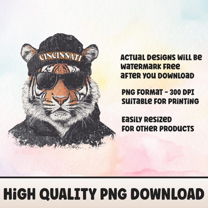 May include: A digital illustration of a tiger wearing a black beanie with the word "CINCINNATI" on it and sunglasses. The tiger is wearing a black hoodie. The image has a grunge effect.
