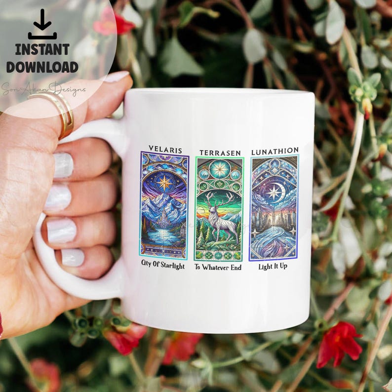 May include: White ceramic mug with a colorful stained glass design featuring three panels. The panels are labeled "Velaris", "Terrasen", and "Lunathion". The text below the panels reads "City of Starlight", "To Whatever End", and "Light It Up".