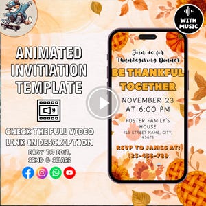 Animated Thanksgiving Dinner Invitation Template (Digital Download)
