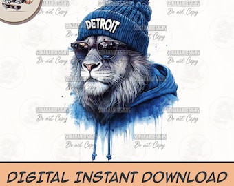 Könnte beinhalten: Ein blauer und grauer Löwe, der eine blaue Mütze mit dem Wort "DETROIT" darauf und eine Sonnenbrille trägt. Der Löwe trägt einen blauen Hoodie und hat einen Aquarelleffekt.