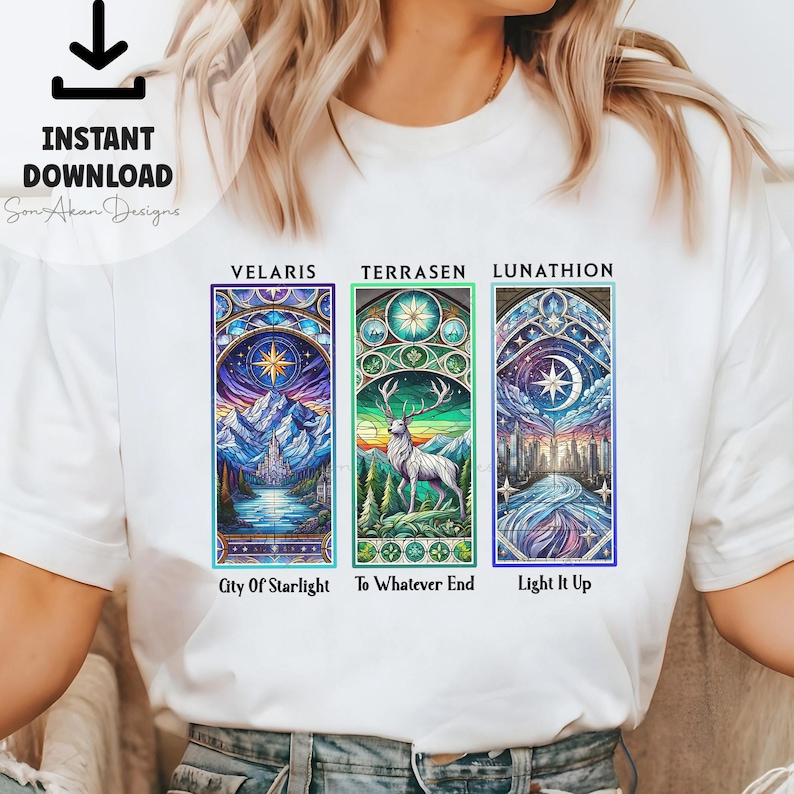 May include: White t-shirt with three stained glass style images. The images are titled "Velaris", "Terrasen", and "Lunathion". The images depict a city, a deer in a forest, and a city with a crescent moon.