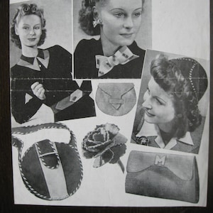 以下が含まれることがあります： 「Bestway Leaflet 3d 1137」というタイトルのヴィンテージのパンフレットで、「Leather Accessories Easily Made from Small Pieces」というテキストが書かれています。パンフレットには、革のアクセサリーを身に着けた女性の白黒写真が掲載されており、ハンドバッグ、ベルト、花などが含まれています。