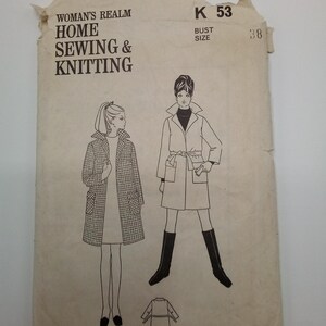 May include: A vintage sewing pattern from "Woman's Realm Home Sewing & Knitting." The cover shows illustrations of two women in coats, and a smaller coat design. The bust size is 38 inches (96.5 cm).