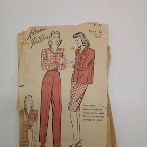 May include: Vintage sewing pattern for a pair of women's slacks. The pattern is from Advance Pattern, size 12, bust 30, hip 33. The pattern includes instructions for making the slacks, which are cut slimmer than usual and taper to the ankle.