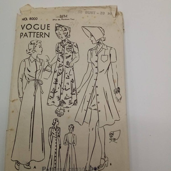 Abrigo de playa de la década de 1940, abrigo de casa y sunbonnet - Busto de 36 " - Vogue 8000 - Patrón de costura vintage