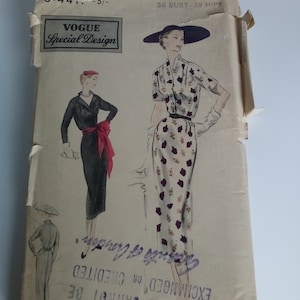 May include: Vintage Vogue Special Design sewing pattern for a dress. The pattern is for size 36 bust and 39 hips. The pattern shows a woman wearing a black dress with a red sash and a woman wearing a floral print dress with a black belt. The pattern is labelled "S-44" and "5/-".