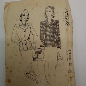 May include: Vintage McCall's sewing pattern for a Misses' Jacket, size 16, 34 bust. The pattern shows a woman wearing a jacket with a plaid design.