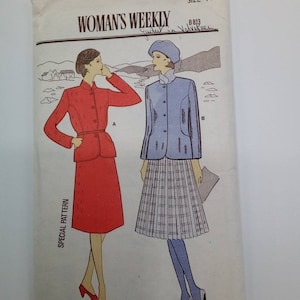 May include: A vintage sewing pattern for a jacket and skirt. The pattern is from Woman's Weekly and is size 14. The jacket is blue and the skirt is plaid.
