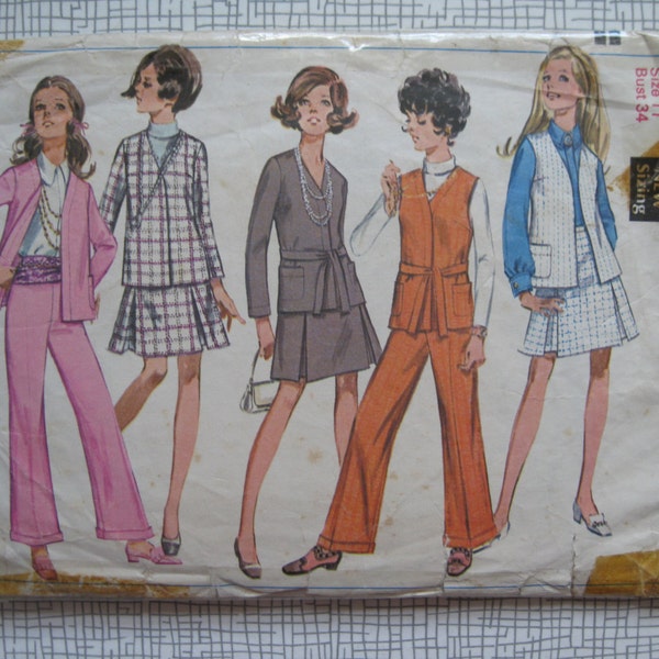 1969 Jacket, Skirt & Bell-Bottom Pants - 34" Bust - Simplicity 8105