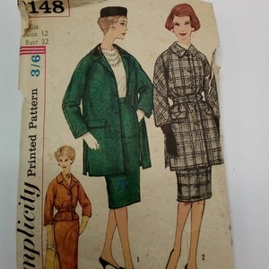 May include: Vintage Simplicity sewing pattern number 148 for a dress and coat. The pattern is for a size 12 with a bust measurement of 32 inches. The pattern features three different styles of dresses and coats, all with a 1960s aesthetic. The pattern is printed on a white background with black text and illustrations.
