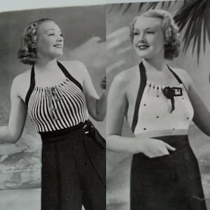 May include: Two women wearing black and white striped halter tops with matching black pants. The tops have a bow detail at the neckline. The women are posing for a photo.