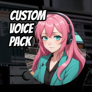 Puede incluir: Una ilustración digital de una mujer con cabello rosado usando auriculares y una chaqueta azul verdosa. El texto "CUSTOM VOICE PACK" está en letras blancas sobre un fondo negro.