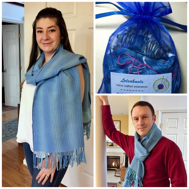 Shawl Weaving Kit. Blue and White Striped Shawl, Handmade Weaving. Personalized Gift. image 9