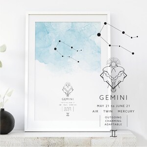 Gemini Zodiac Poster, Gemini  Constellation Print, Watercolor Zodiac Print, Star Sign, Gemini  Constellation Zodiac Poster, Astrology