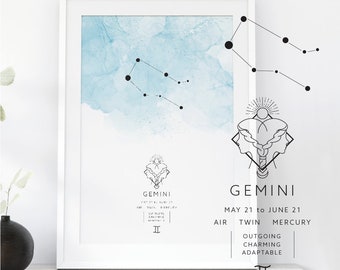 Gemini Zodiac Poster, Gemini  Constellation Print, Watercolor Zodiac Print, Star Sign, Gemini  Constellation Zodiac Poster, Astrology