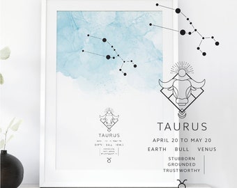 Taurus Zodiac Poster, Taurus Constellation Print, Watercolor Zodiac Print, Star Sign, Taurus Constellation Zodiac Poster, Astrology, Taurus