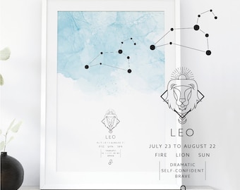 Leo Zodiac Poster, Leo Constellation Print, Watercolor Zodiac Print, Star Sign, Leo Constellation Zodiac Poster, Astrology, Leo, LeoPrint