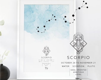 Scorpio Zodiac Poster, Scorpio Constellation Print, Watercolor Zodiac Print, Star Sign, Scorpio Constellation Zodiac Poster, Astrology