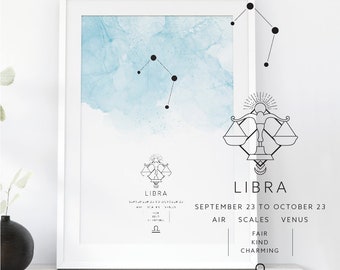 Libra Zodiac Poster, Libra Constellation Print, Watercolor Zodiac Print, Star Sign, Libra Constellation Zodiac Poster, Astrology, Libra