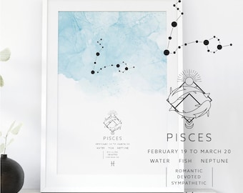Pisces Zodiac Poster, Pisces Constellation Print, Watercolor Zodiac Print, Star Sign, Pisces Constellation Zodiac Poster, Astrology, Pisces