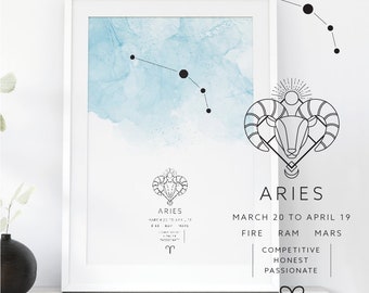 Aries Zodiac Poster, Aries Constellation Poster, Watercolor Zodiac Poster, Star Sign, Aries Constellation Zodiac Poster, Astrology, Aries