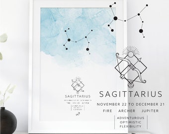 Sagittarius Zodiac Poster, Sagittarius Constellation Print, Watercolor Zodiac Print, Star Sign, Constellation Zodiac Poster, Astrology