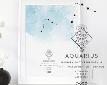 Aquarius Zodiac Poster, Aquarius Constellation Poster, Watercolor Zodiac Poster, Star Sign, Aquarius Constellation Zodiac Poster, Astrology