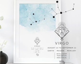 Virgo Zodiac Poster, Virgo Constellation Print, Watercolor Zodiac Print, Star Sign, Virgo Constellation Zodiac Poster, Astrology, Virgo