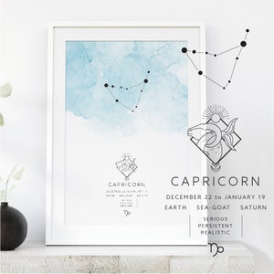 Capricorn Zodiac Poster, Capricorn Constellation Print, Watercolor Zodiac Print, Star Sign, Capricorn Constellation Zodiac Poster, Astrology