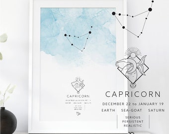 Capricorn Zodiac Poster, Capricorn Constellation Print, Watercolor Zodiac Print, Star Sign, Capricorn Constellation Zodiac Poster, Astrology