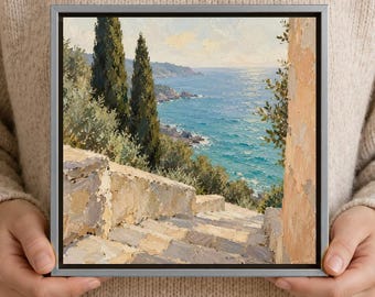 Cypress Coast Oil Painting, Stone Steps to Blue Sea, Small Framed Mediterranean Landscape Art, Hand Painted Square Wall Decor, 20cm Sea Gift