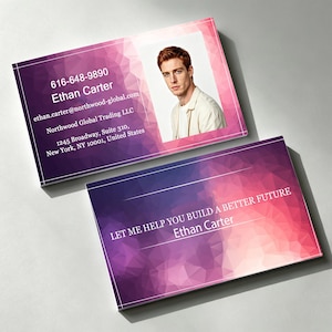 May include: Two rectangular business cards with a purple and pink geometric polygon background. One card displays the name Ethan Carter, contact details, and a portrait. The other card features the text: LET ME HELP YOU BUILD A BETTER FUTURE.