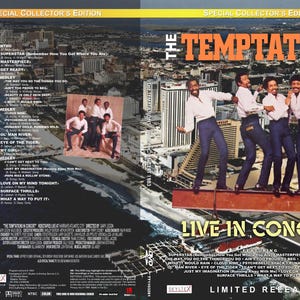 Puede incluir: Portada de DVD de "The Temptations: Live in Concert". La portada presenta una foto del grupo actuando, con el título y el texto "Live in Concert" en un lugar destacado. El fondo muestra un paisaje urbano.