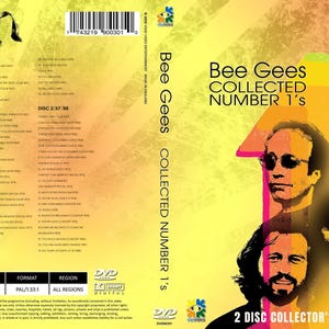 Puede incluir: Caja de DVD del álbum "Collected Number 1's" de los Bee Gees. La portada presenta imágenes de los miembros de la banda y el título del álbum. El fondo es un degradado de amarillo, naranja y verde. La caja es un set de coleccionista de 2 discos.
