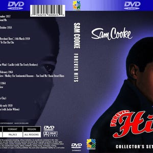 Puede incluir: Caja de DVD de "Forever Hits" de Sam Cooke. La portada presenta a Sam Cooke y el título en rojo. La parte trasera enumera apariciones en televisión y títulos de canciones. Medidas no aplicables.